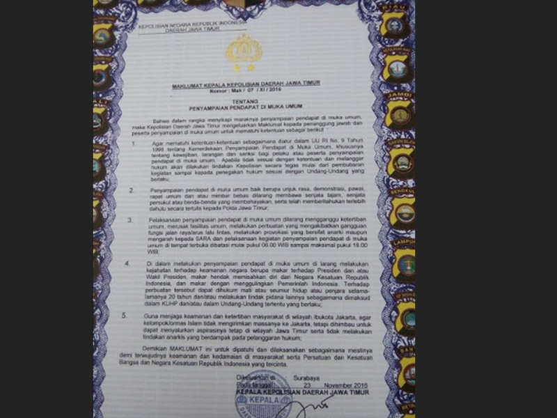 Ini Isi Maklumat Kapolda Jatim Tentang Penyampaian Pendapat di Muka Umum