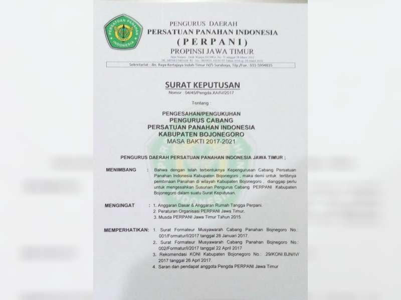 Pengcab Perpani Bojonegoro Akhirnya Dikukuhkan Pengda Perpani Jatim