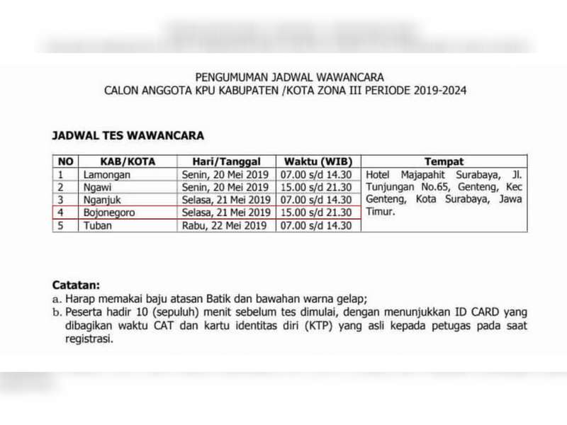 Inilah Jadwal Tes Wawancara, Seleksi Calon Anggota KPU Kabupaten Bojonegoro