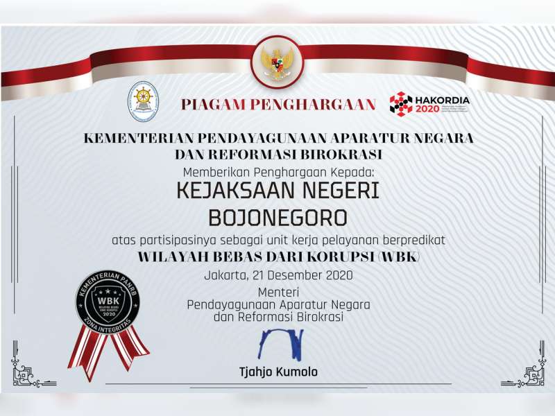 Kejaksaan Negeri Bojonegoro Terima Penghargaan Predikat WBK dari Kemenpan RB