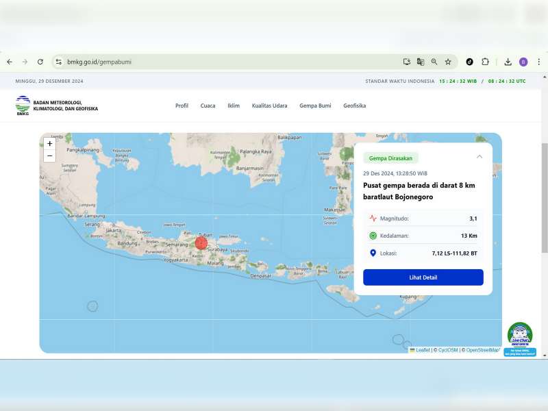 Gempa Bumi Tektonik 3,1 Magnitudo Terjadi di Barat Laut Bojonegoro