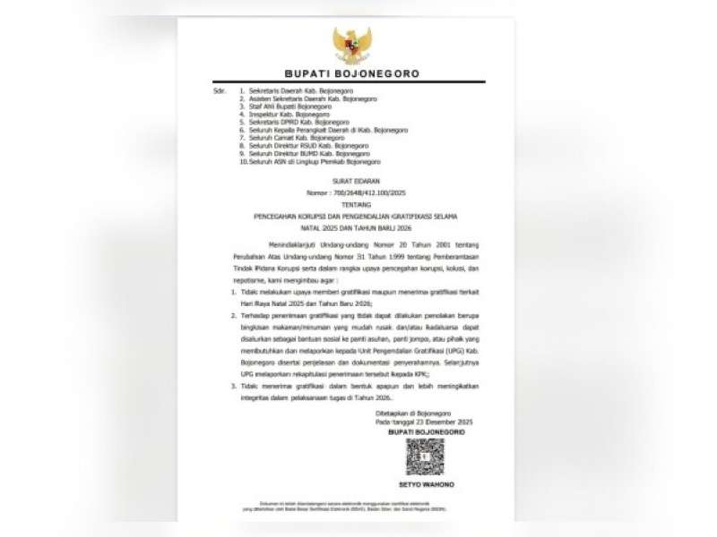 Cegah Korupsi Selama Nataru Bupati Wahono Terbitkan Surat Edaran