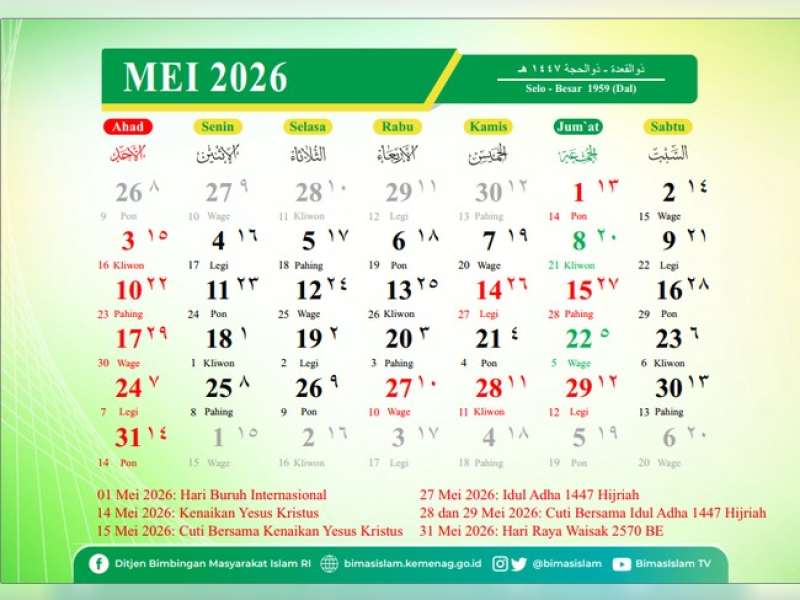 Kalender Jawa, Hari ini tanggal 11 Mei 2026  jatuh pada hari Senin Pon