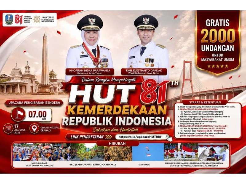 Pemprov Jatim Sediakan 4.000 Undangan Gratis Upacara HUT Ke-81 RI di Gedung Negara Grahadi
